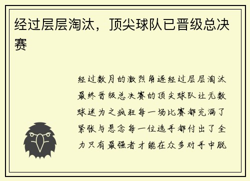 经过层层淘汰，顶尖球队已晋级总决赛