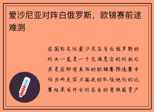 爱沙尼亚对阵白俄罗斯，欧锦赛前途难测