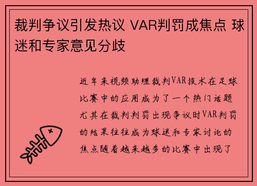 裁判争议引发热议 VAR判罚成焦点 球迷和专家意见分歧